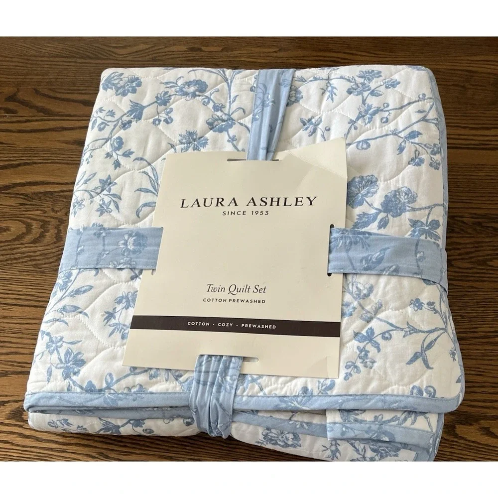 Laura Ashley Twin Quilt Sham Set Cotton Blue White Floral Dorm Room Cottagecoore